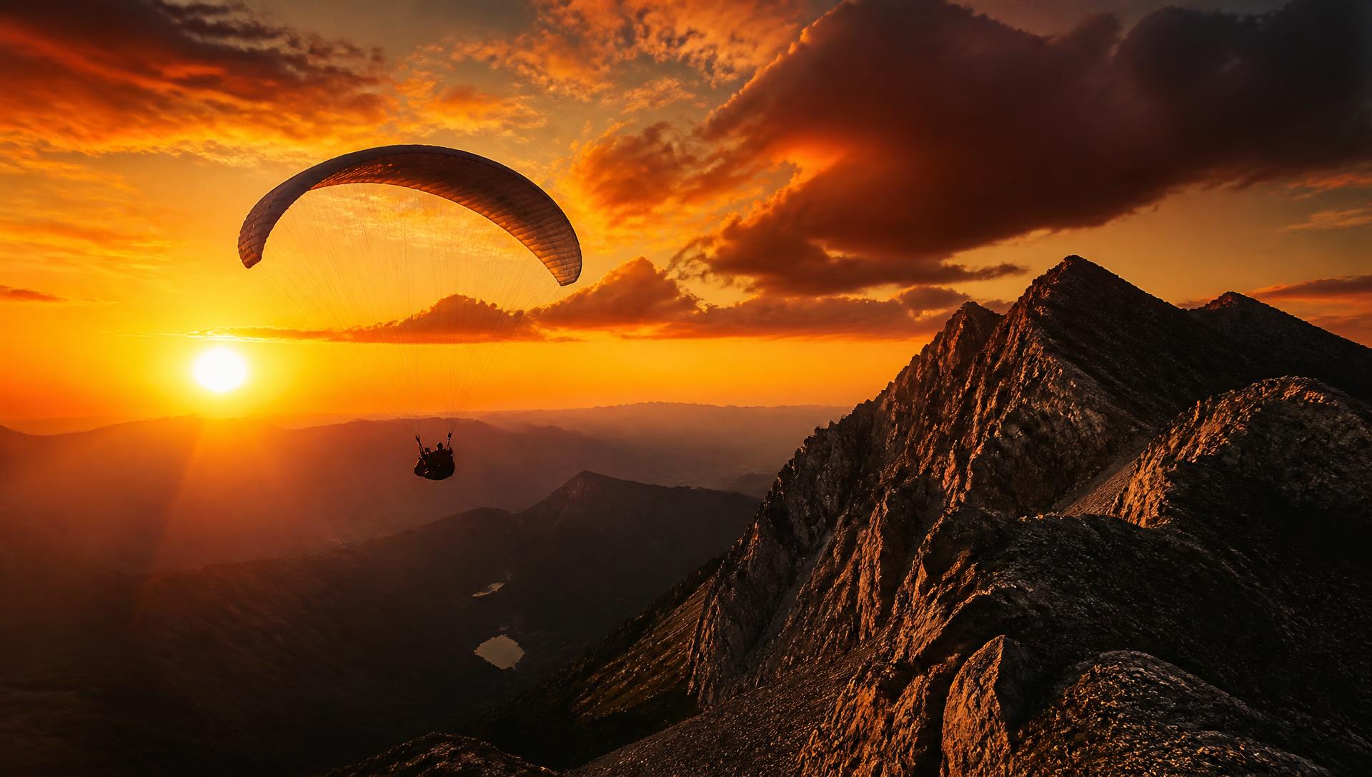 Paraglider soaring above Bulgarian mountain ridges at sunset